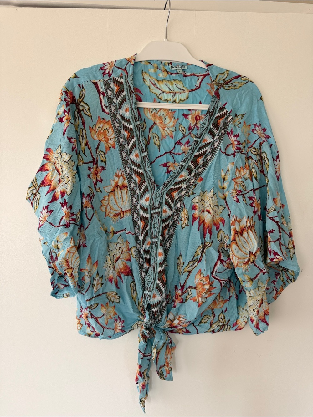 Nostalgia Floral Tie-Front Blouse in Blue Size Large